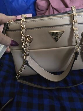 GUESS Beige Chain-Accent Shoulder Bag